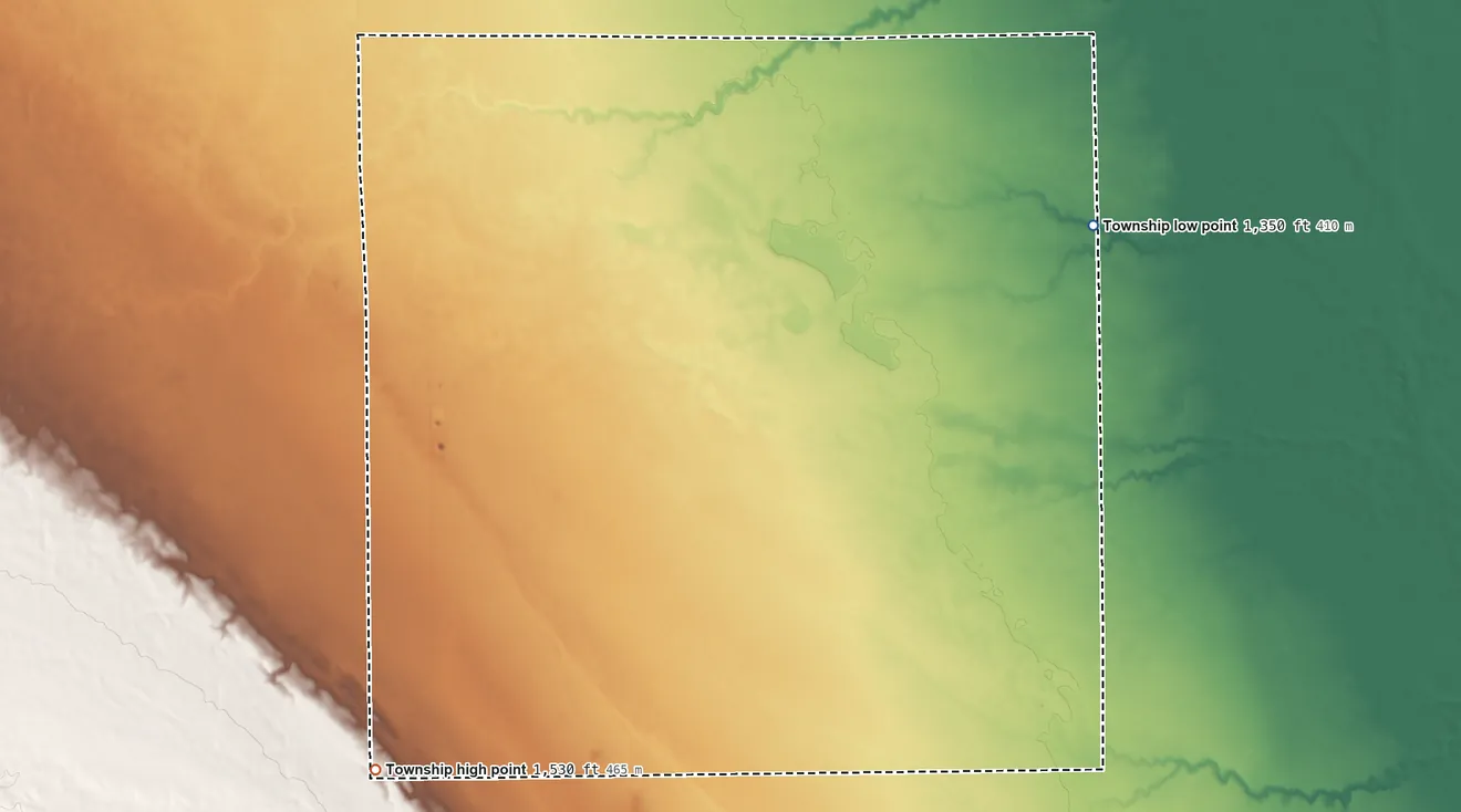 Topographic elevation map of German Township, South Dakota, shaded from 1,350 ft on the northeast side to 1,530 ft on the southwest side
