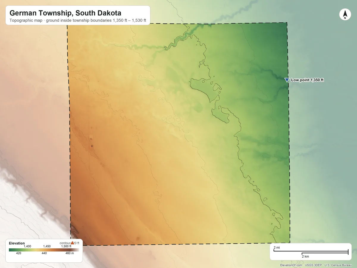 Topographic elevation map of German Township, South Dakota, shaded from 1,350 ft on the northeast side to 1,530 ft on the southwest side