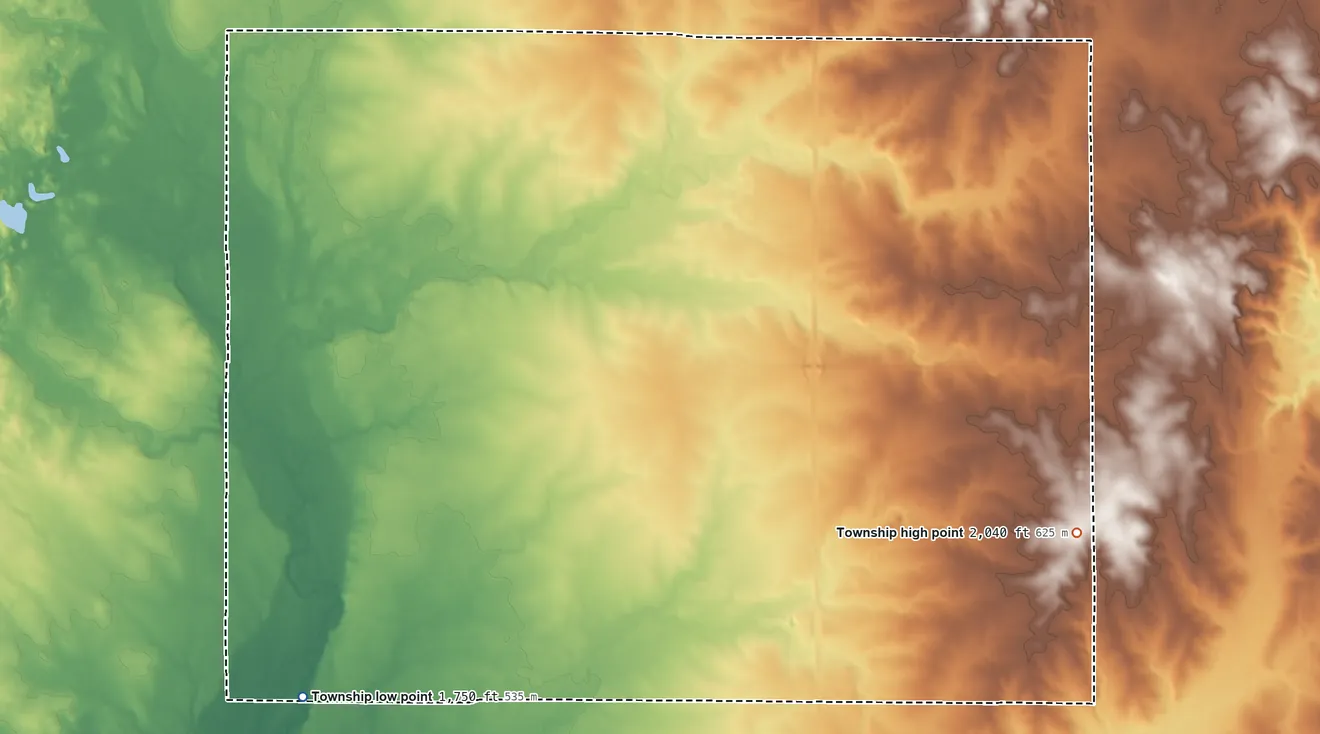 Topographic elevation map of Germantown Township, Codington County, South Dakota, shaded from 1,750 ft on the southwest side to 2,040 ft on the east side