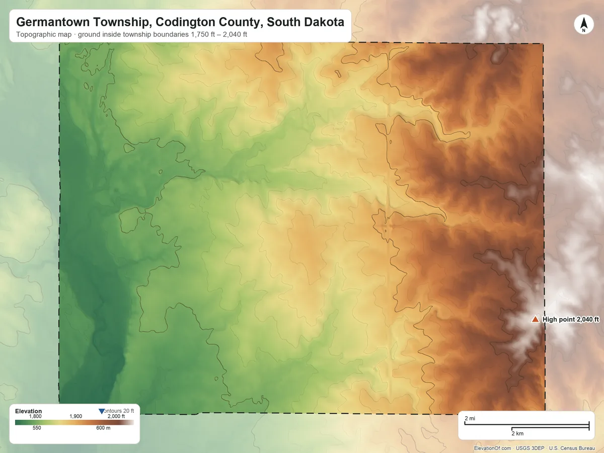 Topographic elevation map of Germantown Township, Codington County, South Dakota, shaded from 1,750 ft on the southwest side to 2,040 ft on the east side