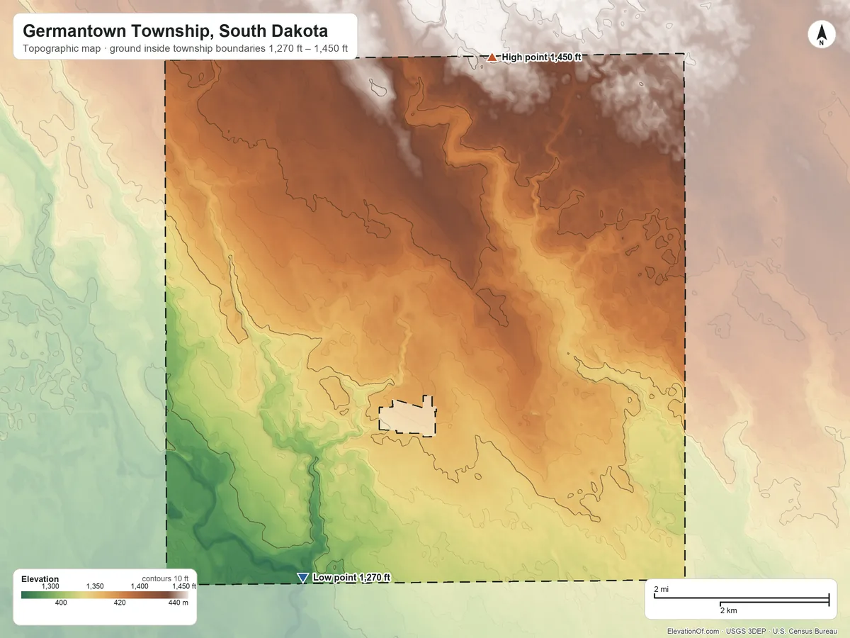 Topographic elevation map of Germantown Township, South Dakota, shaded from 1,270 ft on the southwest side to 1,450 ft on the north side