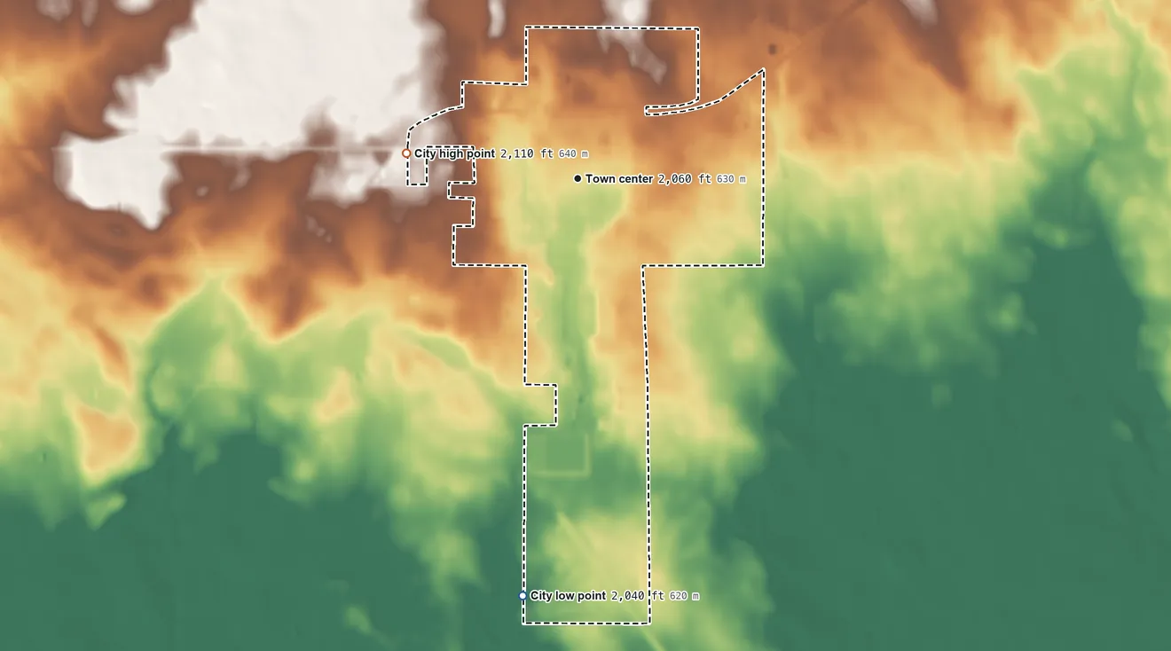 Topographic elevation map of Gettysburg, South Dakota, shaded from 2,040 ft on the south side to 2,110 ft on the west side