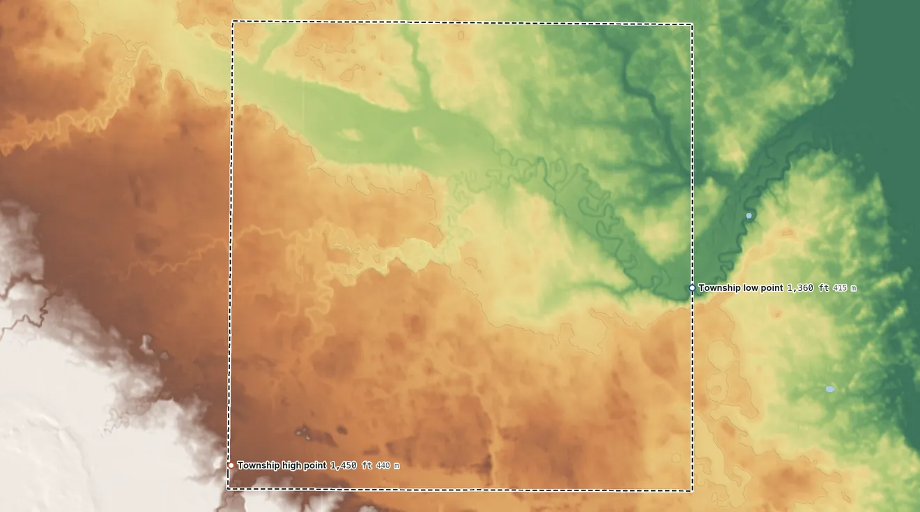 Topographic elevation map of Gilbert Township, South Dakota, shaded from 1,360 ft on the east side to 1,450 ft on the southwest side