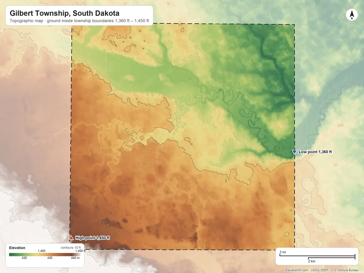 Topographic elevation map of Gilbert Township, South Dakota, shaded from 1,360 ft on the east side to 1,450 ft on the southwest side
