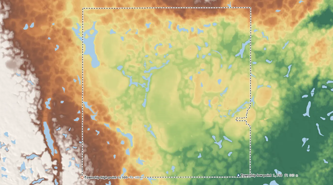 Topographic elevation map of Glen Township, South Dakota, shaded from 1,780 ft on the southeast side to 1,900 ft on the southwest side