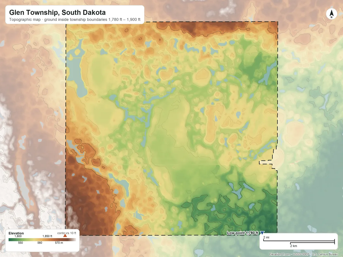 Topographic elevation map of Glen Township, South Dakota, shaded from 1,780 ft on the southeast side to 1,900 ft on the southwest side