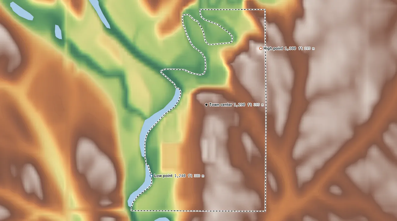 Topographic elevation map of Glendale Colony, South Dakota, shaded from 1,240 ft on the southwest side to 1,300 ft on the northeast side