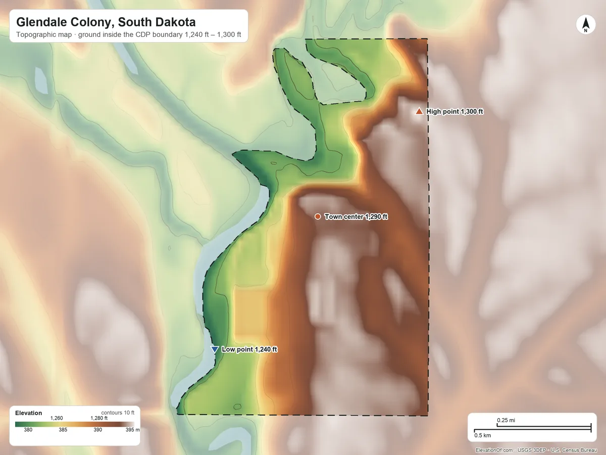 Topographic elevation map of Glendale Colony, South Dakota, shaded from 1,240 ft on the southwest side to 1,300 ft on the northeast side