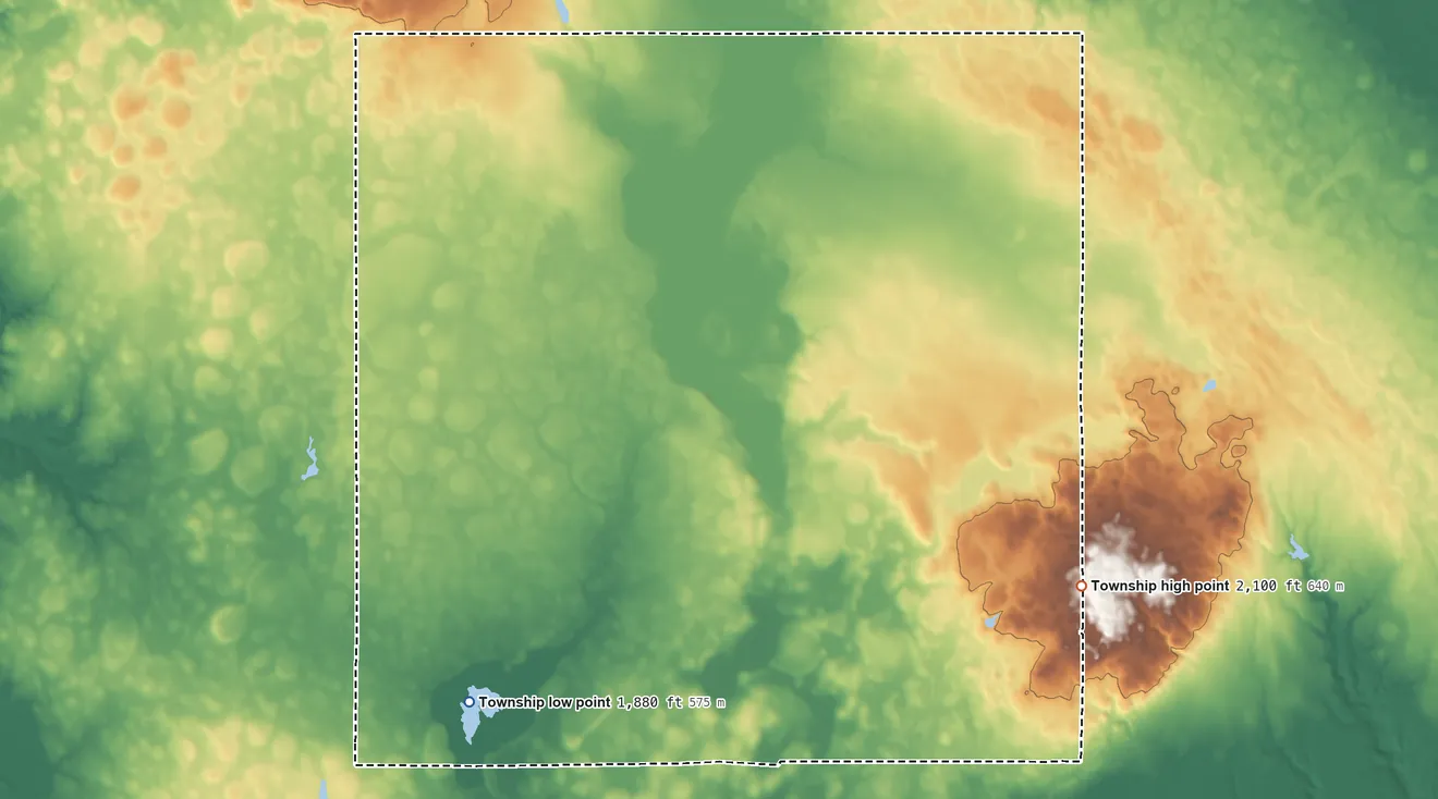 Topographic elevation map of Glendale Township, South Dakota, shaded from 1,880 ft on the west side to 2,100 ft on the east side