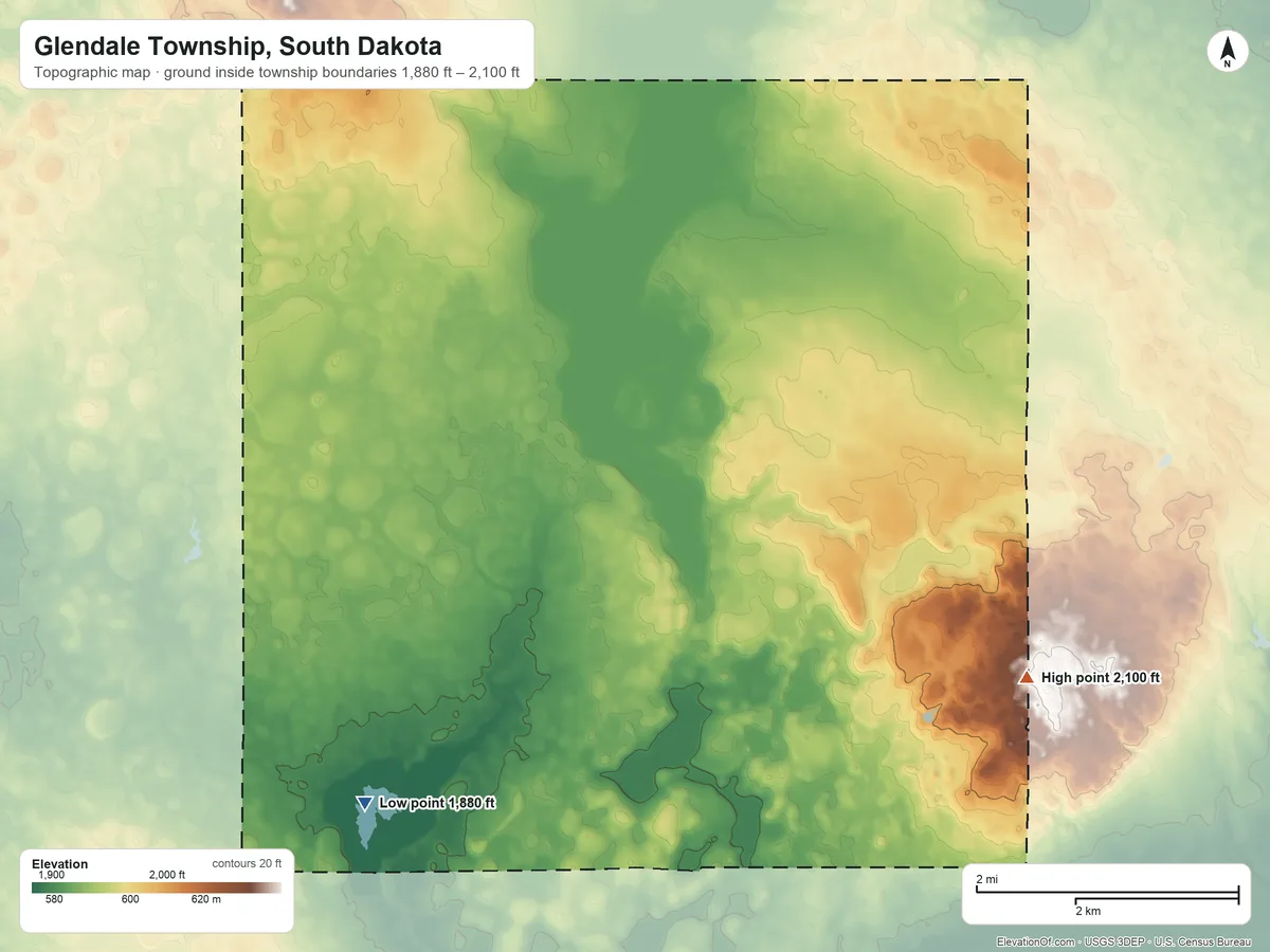 Topographic elevation map of Glendale Township, South Dakota, shaded from 1,880 ft on the west side to 2,100 ft on the east side