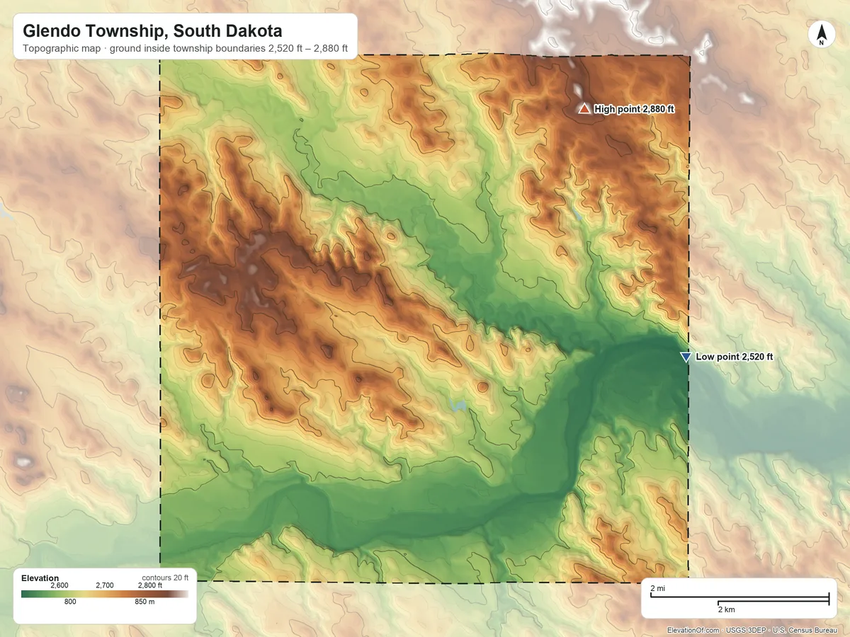 Topographic elevation map of Glendo Township, South Dakota, shaded from 2,520 ft on the east side to 2,880 ft on the northeast side