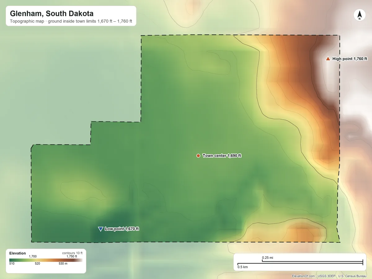Topographic elevation map of Glenham, South Dakota, shaded from 1,670 ft on the southwest side to 1,760 ft on the northeast side