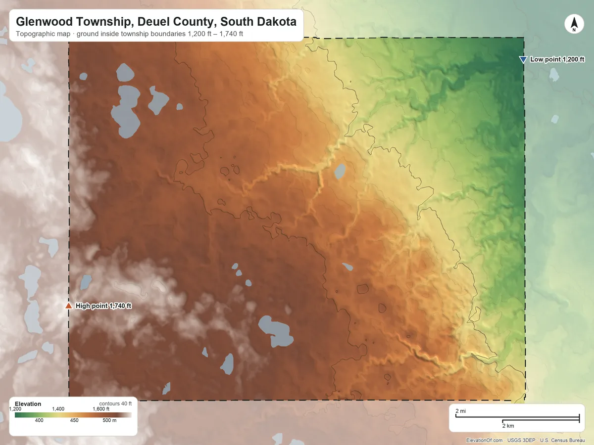 Topographic elevation map of Glenwood Township, Deuel County, South Dakota, shaded from 1,200 ft on the northeast side to 1,740 ft on the southwest side