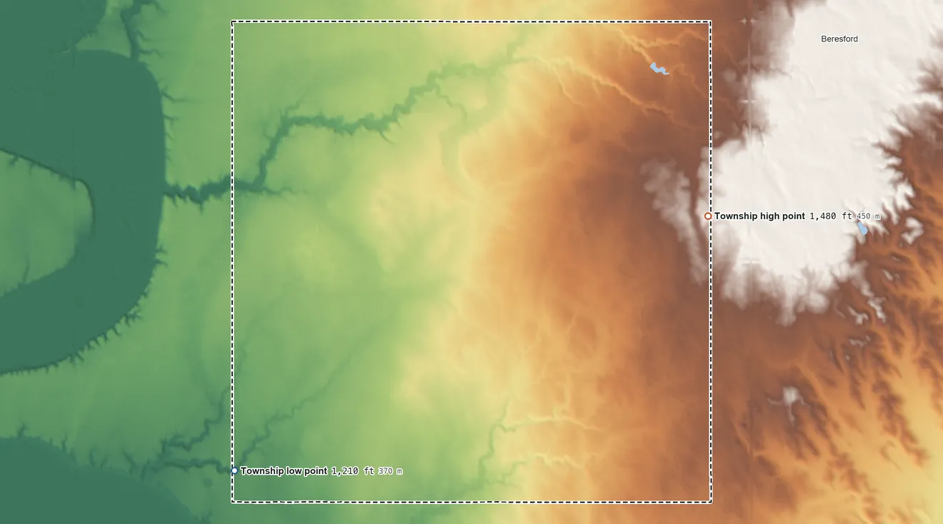 Topographic elevation map of Glenwood Township, South Dakota, shaded from 1,210 ft on the southwest side to 1,480 ft on the east side
