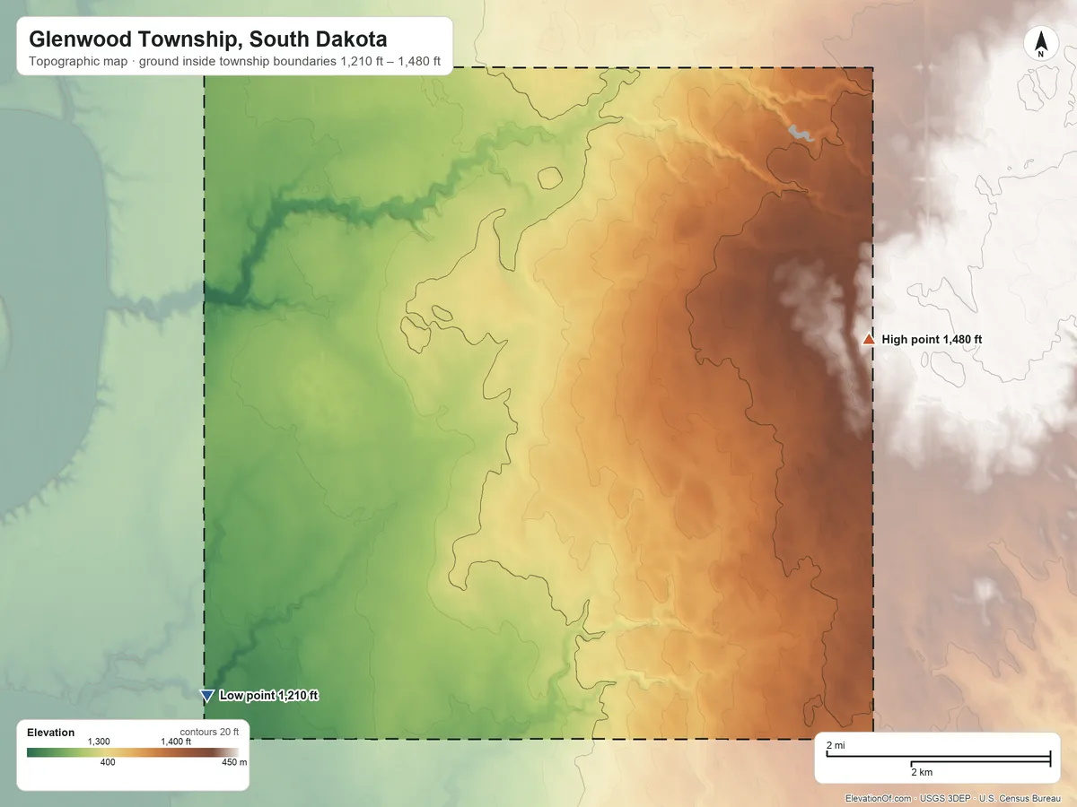 Topographic elevation map of Glenwood Township, South Dakota, shaded from 1,210 ft on the southwest side to 1,480 ft on the east side