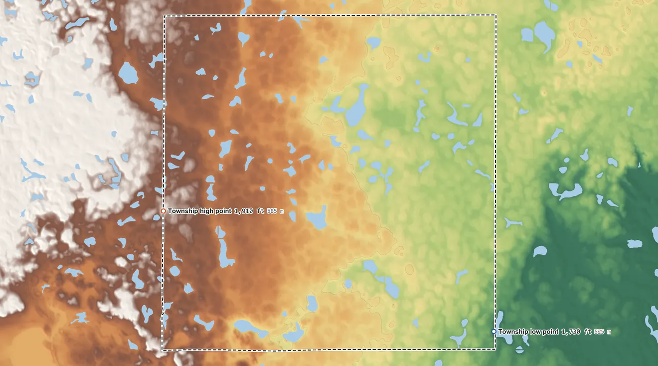 Topographic elevation map of Glover Township, South Dakota, shaded from 1,730 ft on the south side to 1,910 ft on the southwest side