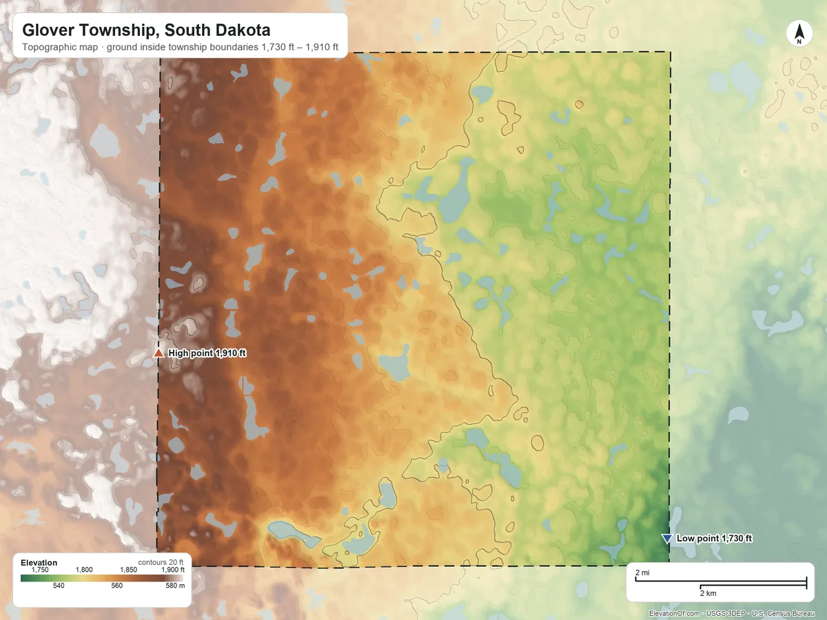 Topographic elevation map of Glover Township, South Dakota, shaded from 1,730 ft on the south side to 1,910 ft on the southwest side