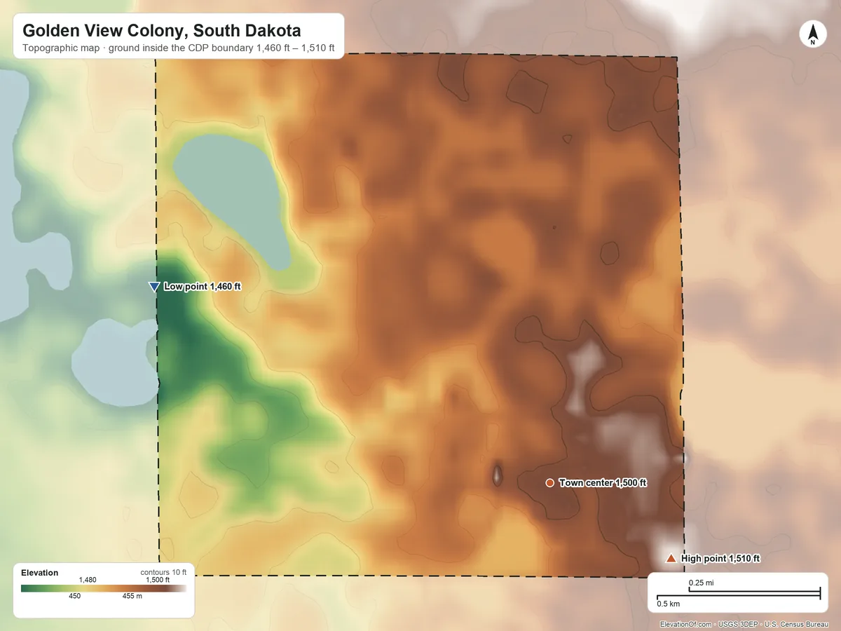 Topographic elevation map of Golden View Colony, South Dakota, shaded from 1,460 ft on the northwest side to 1,510 ft on the southeast side