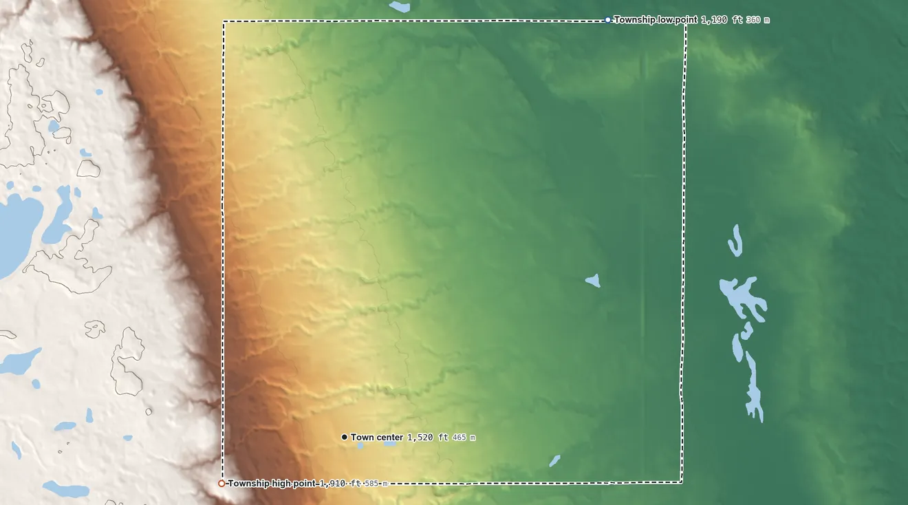 Topographic elevation map of Goodwill Township, South Dakota, shaded from 1,190 ft on the northeast side to 1,910 ft on the west side