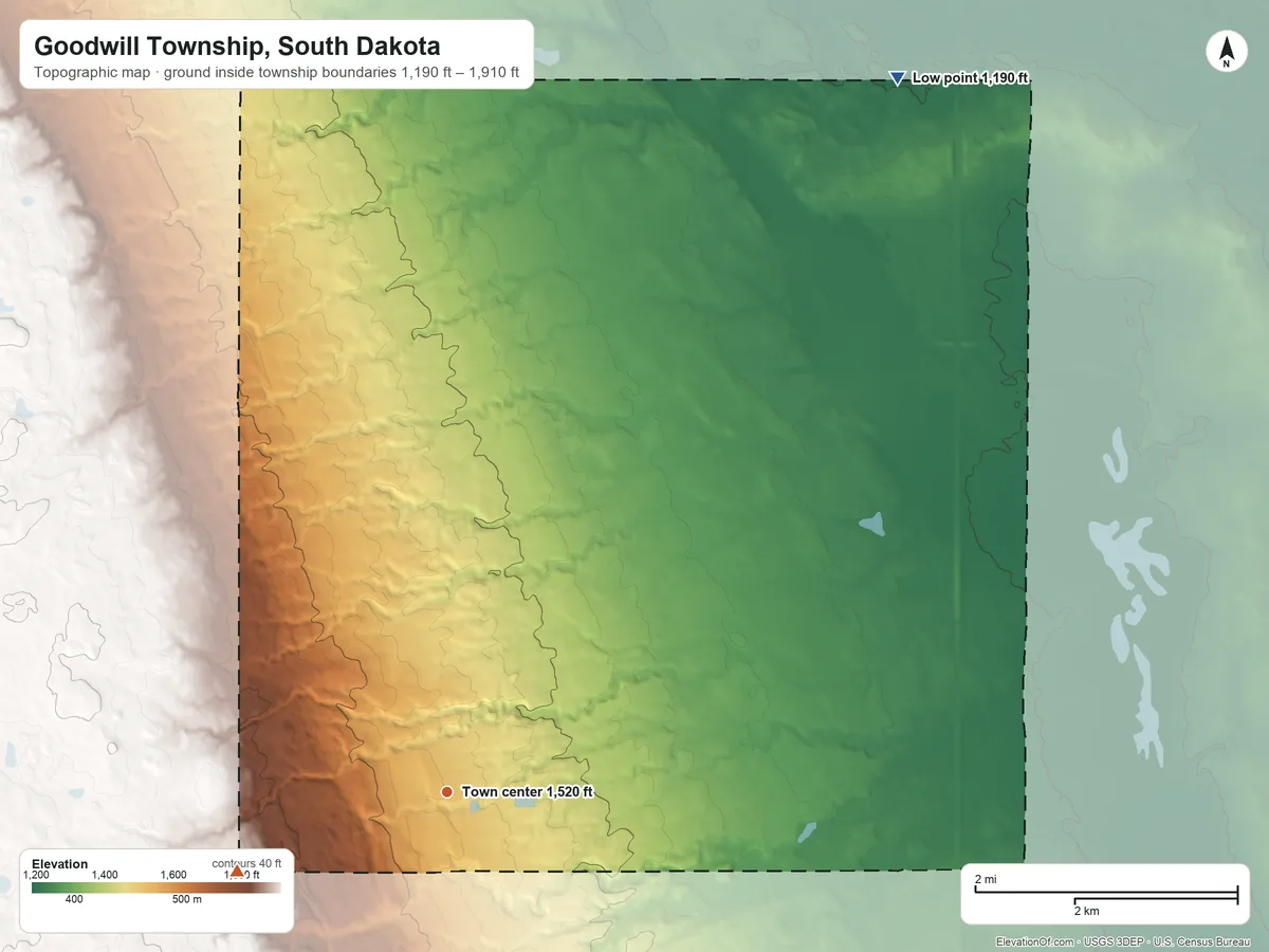 Topographic elevation map of Goodwill Township, South Dakota, shaded from 1,190 ft on the northeast side to 1,910 ft on the west side