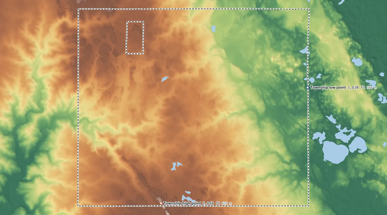 Topographic elevation map of Goodwin Township, South Dakota, shaded from 1,830 ft on the east side to 2,040 ft on the south side