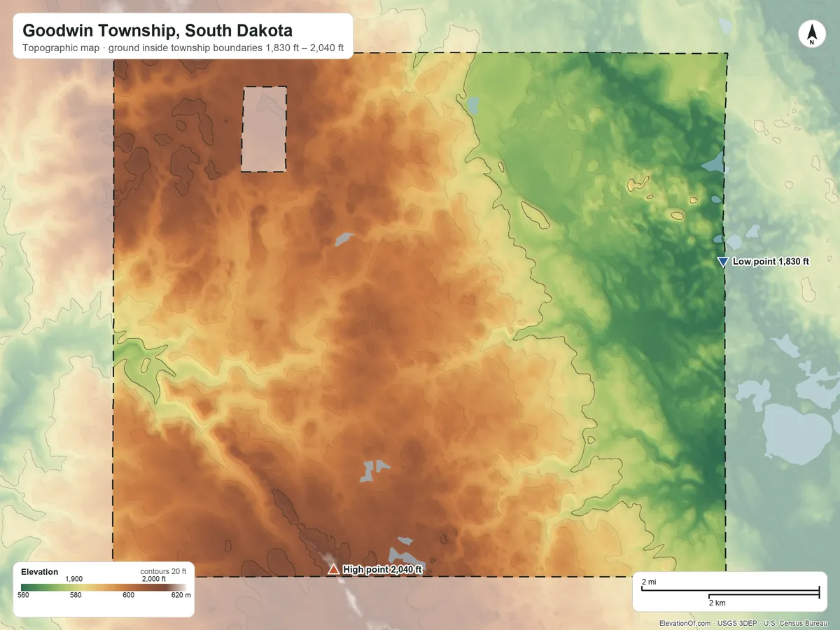 Topographic elevation map of Goodwin Township, South Dakota, shaded from 1,830 ft on the east side to 2,040 ft on the south side
