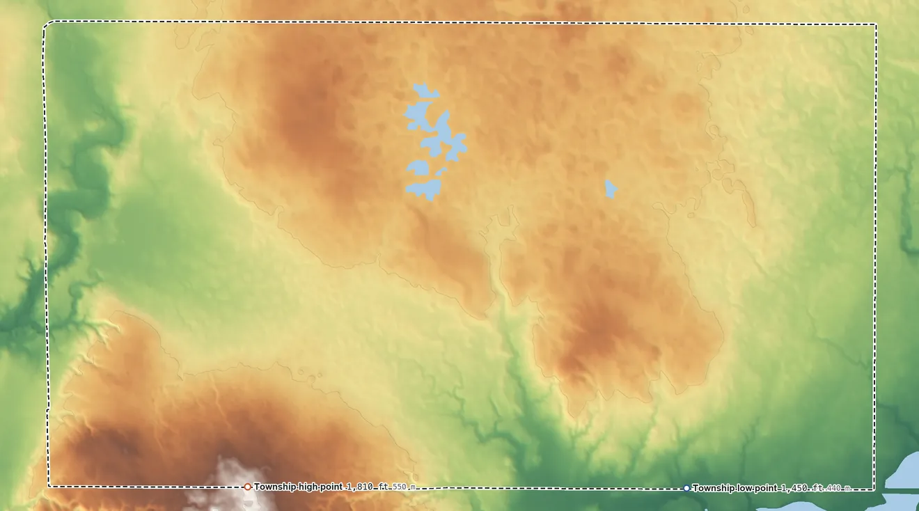 Topographic elevation map of Goose Lake Township, South Dakota, shaded from 1,450 ft on the southeast side to 1,810 ft on the southwest side
