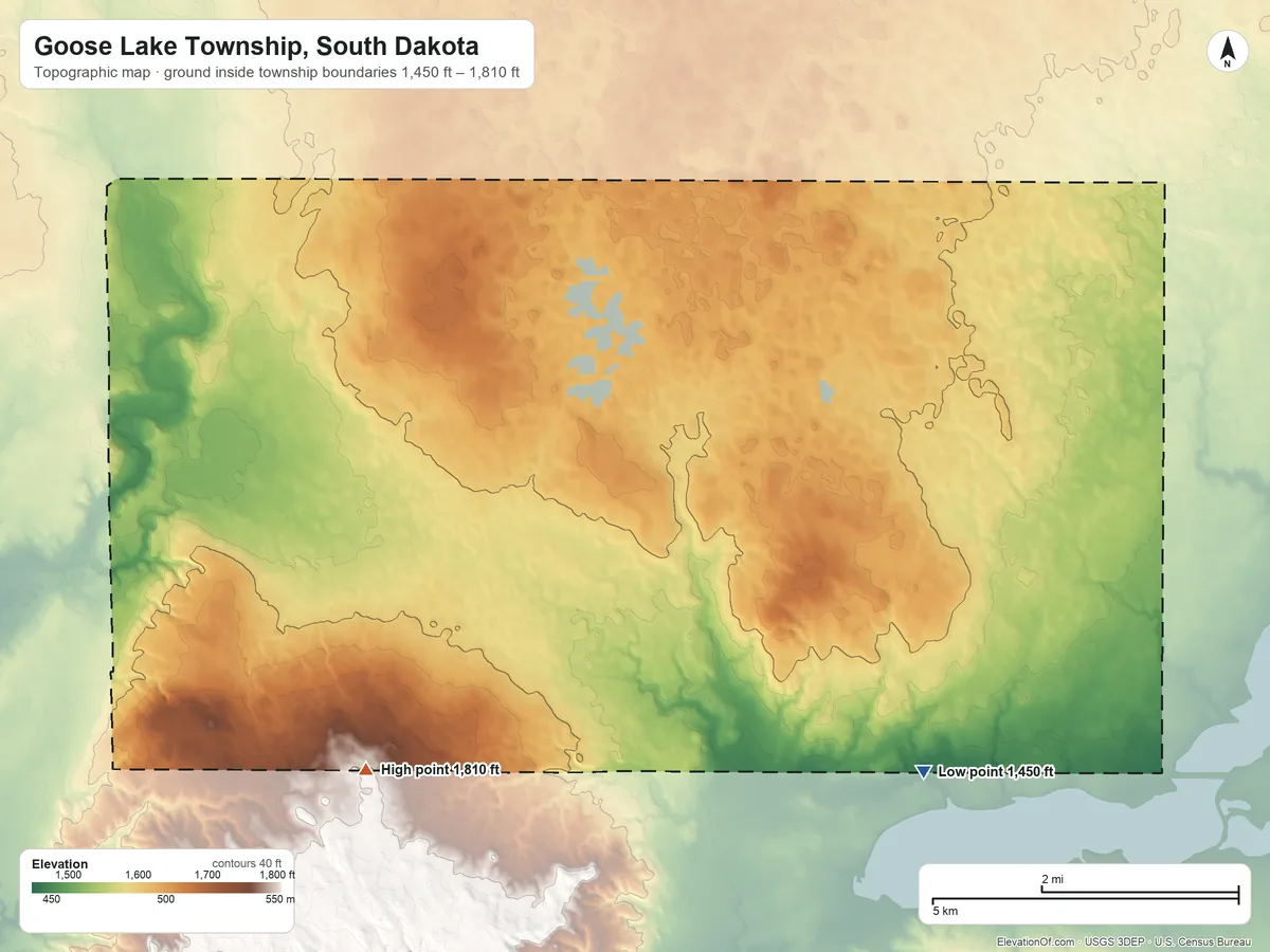 Topographic elevation map of Goose Lake Township, South Dakota, shaded from 1,450 ft on the southeast side to 1,810 ft on the southwest side