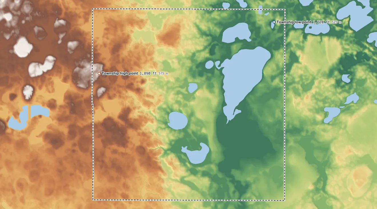 Topographic elevation map of Graceland Township, South Dakota, shaded from 1,720 ft on the east side to 1,890 ft on the west side