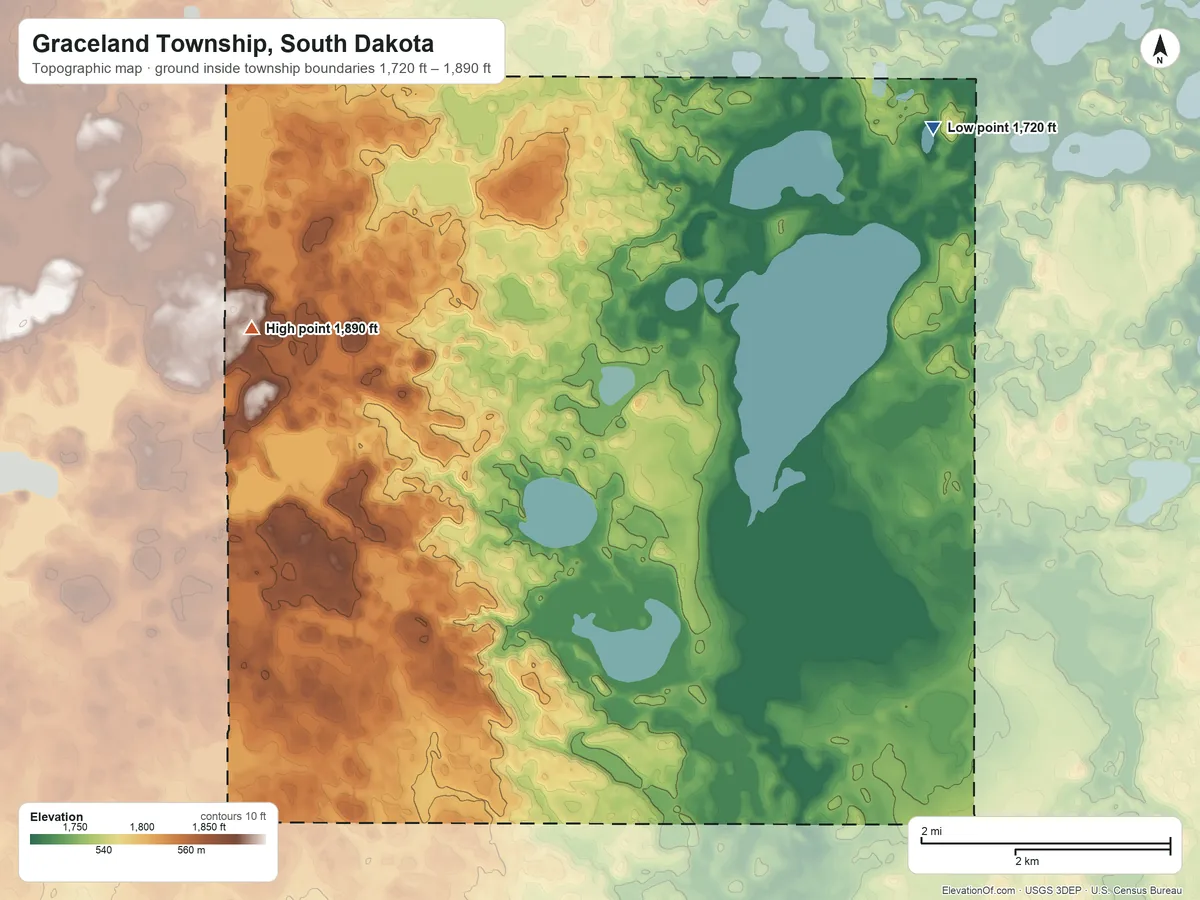 Topographic elevation map of Graceland Township, South Dakota, shaded from 1,720 ft on the east side to 1,890 ft on the west side