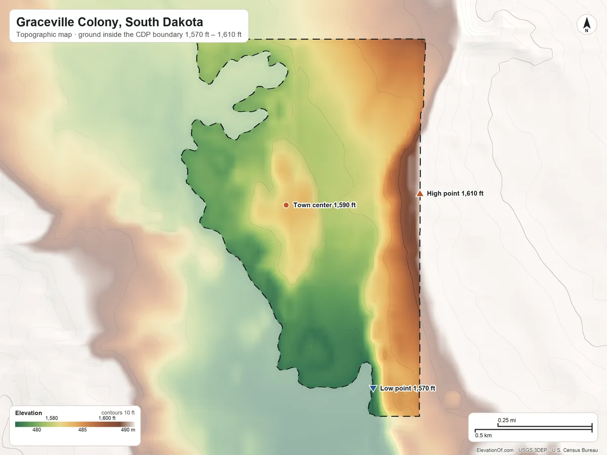 Topographic elevation map of Graceville Colony, South Dakota, shaded from 1,570 ft on the southeast side to 1,610 ft on the east side
