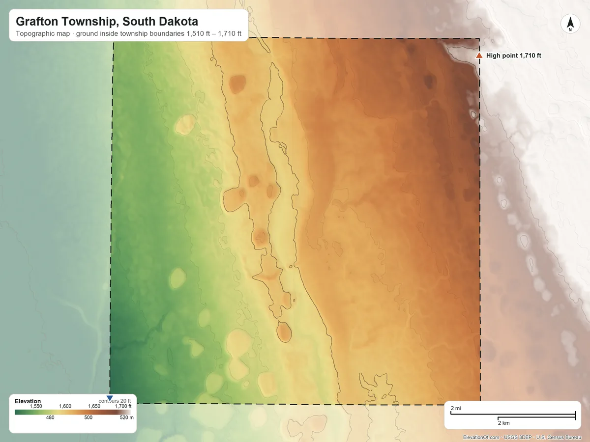 Topographic elevation map of Grafton Township, South Dakota, shaded from 1,510 ft on the southwest side to 1,710 ft on the northeast side