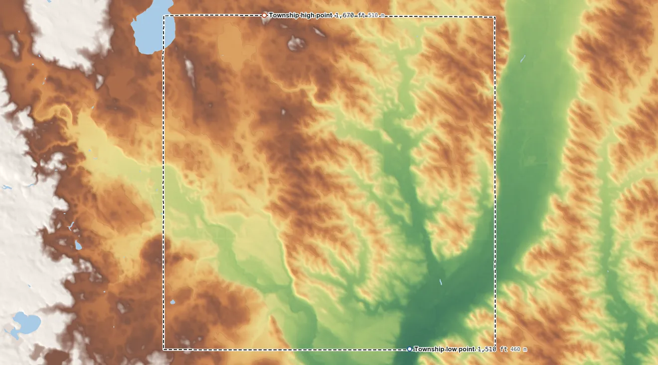 Topographic elevation map of Grand Meadow Township, South Dakota, shaded from 1,510 ft on the south side to 1,670 ft on the northwest side