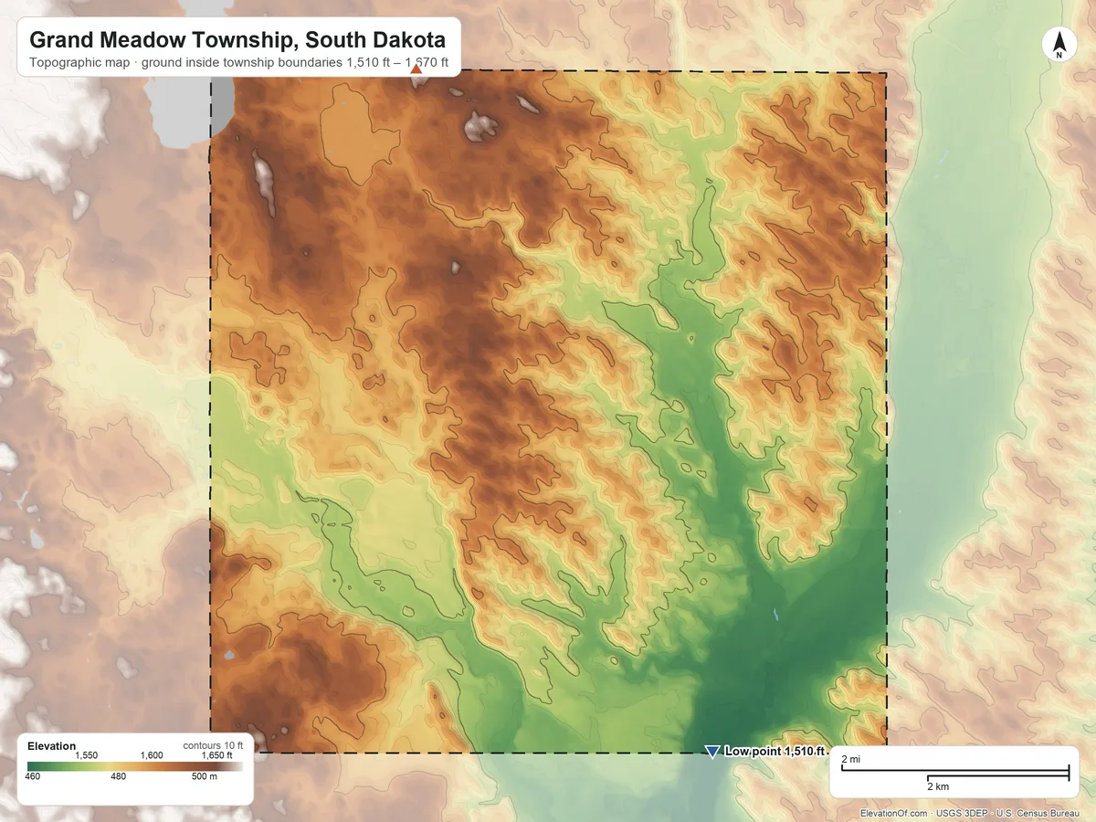 Topographic elevation map of Grand Meadow Township, South Dakota, shaded from 1,510 ft on the south side to 1,670 ft on the northwest side