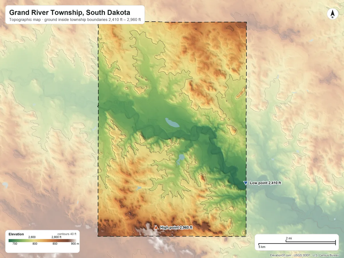Topographic elevation map of Grand River Township, South Dakota, shaded from 2,410 ft on the southeast side to 2,960 ft on the south side