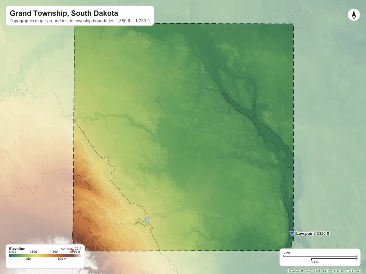 Topographic elevation map of Grand Township, South Dakota, shaded from 1,380 ft on the southeast side to 1,730 ft on the west side