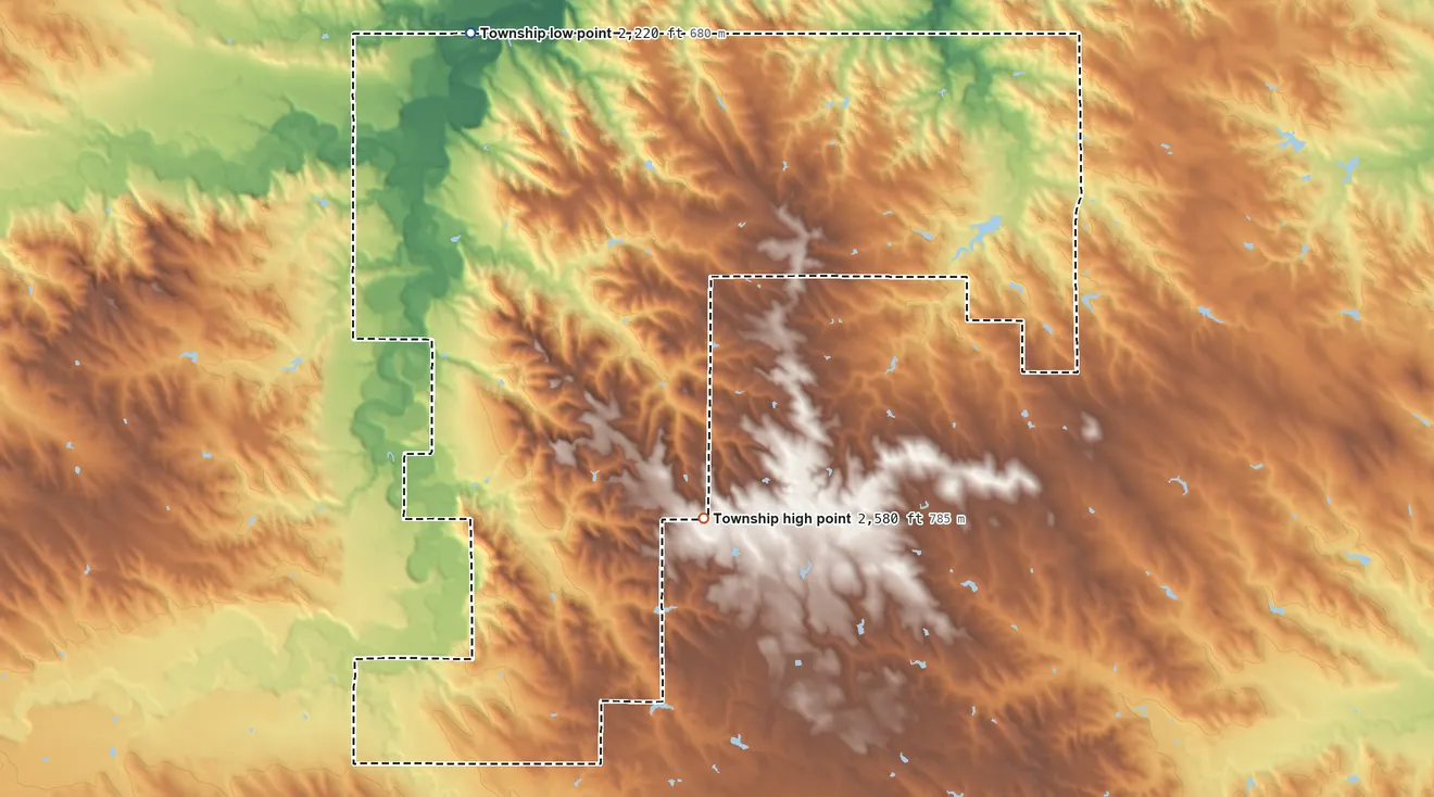 Topographic elevation map of Grandview II Township, South Dakota, shaded from 2,220 ft on the west side to 2,580 ft on the southwest side