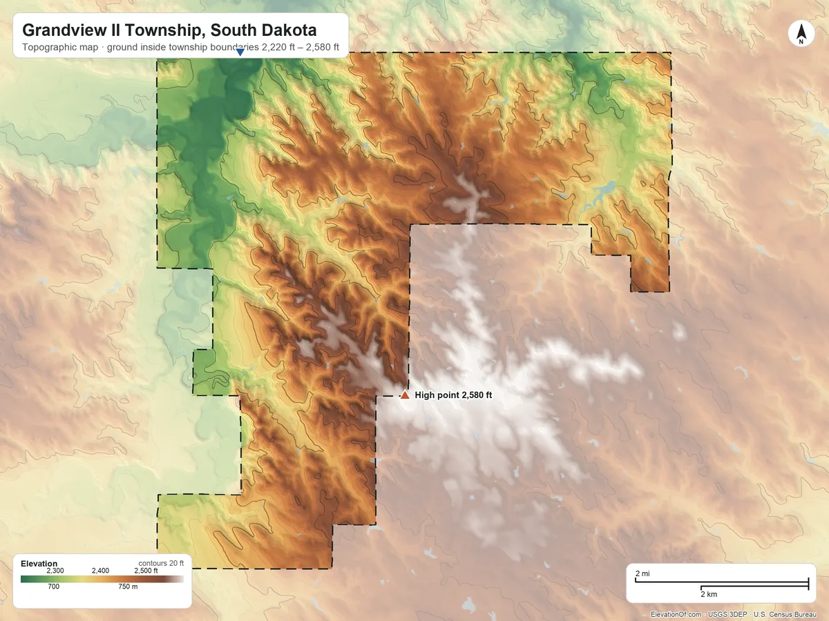 Topographic elevation map of Grandview II Township, South Dakota, shaded from 2,220 ft on the west side to 2,580 ft on the southwest side