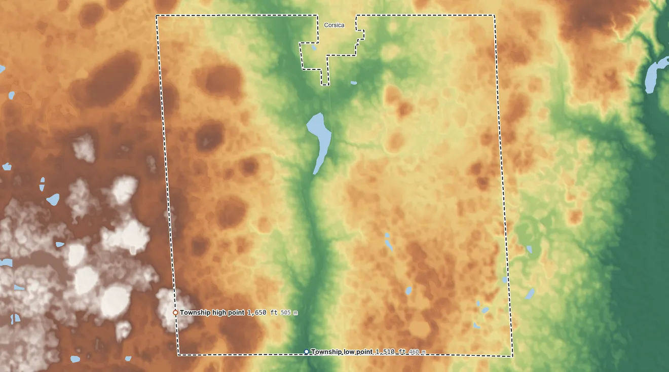 Topographic elevation map of Grandview Township, Douglas County, South Dakota, shaded from 1,510 ft on the south side to 1,650 ft on the southwest side