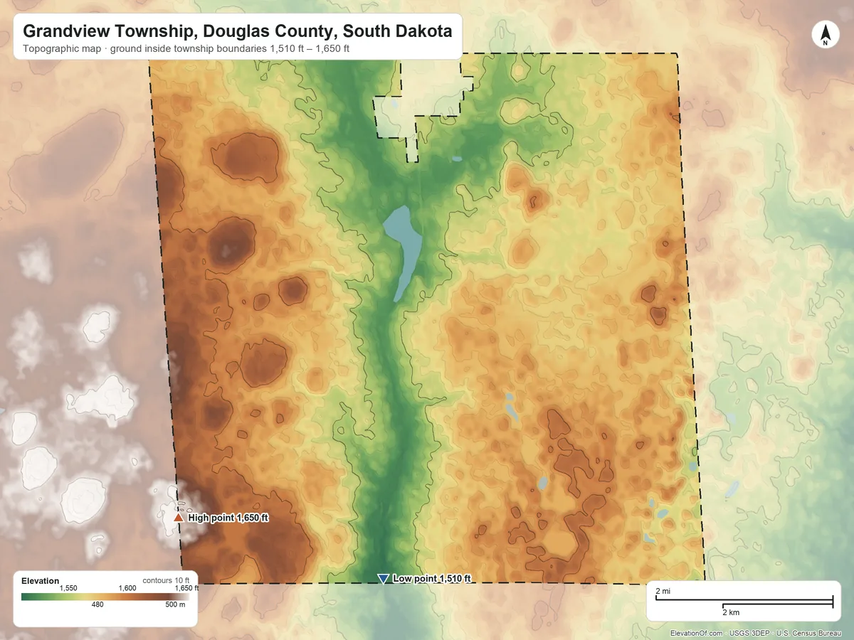 Topographic elevation map of Grandview Township, Douglas County, South Dakota, shaded from 1,510 ft on the south side to 1,650 ft on the southwest side