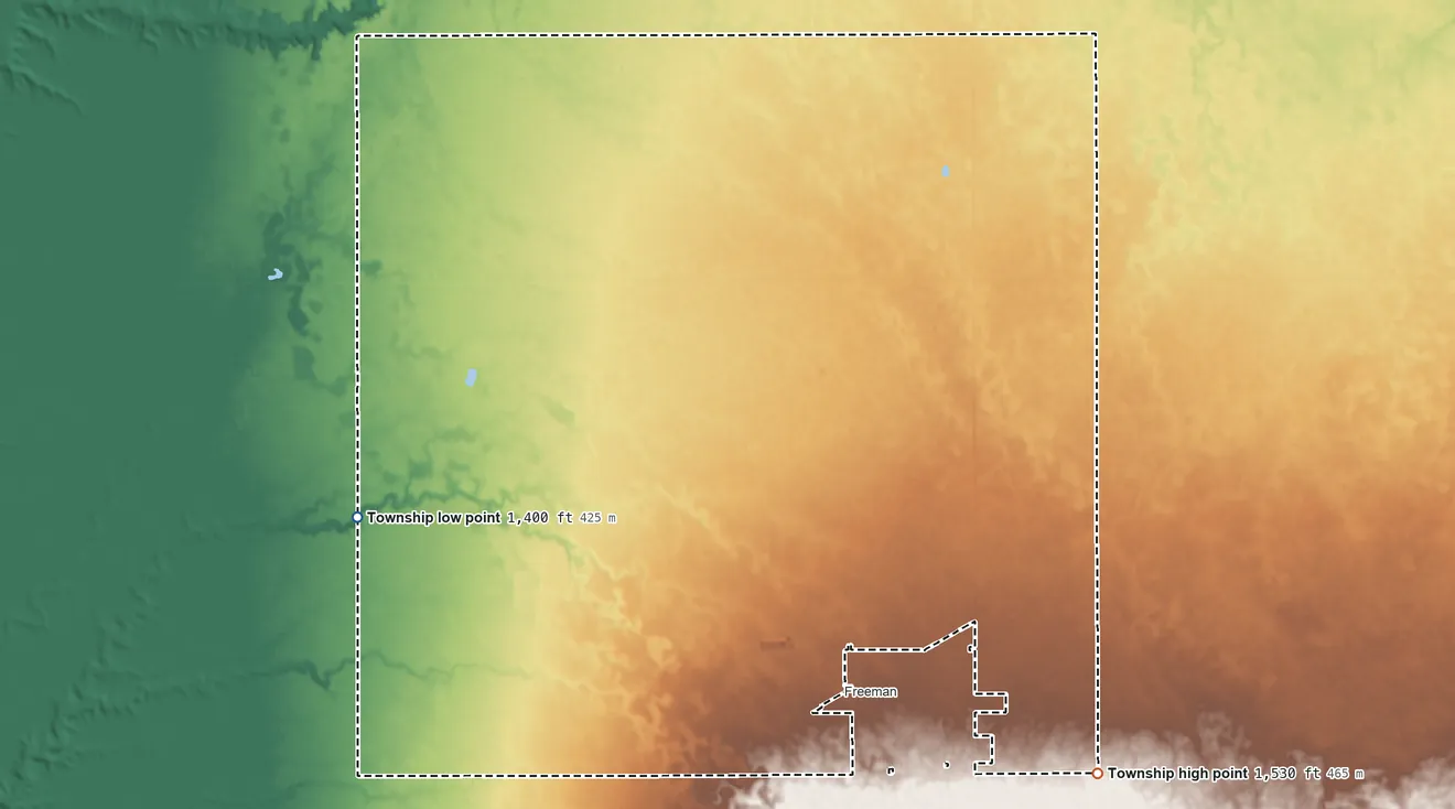 Topographic elevation map of Grandview Township, South Dakota, shaded from 1,400 ft on the west side to 1,530 ft on the southeast side
