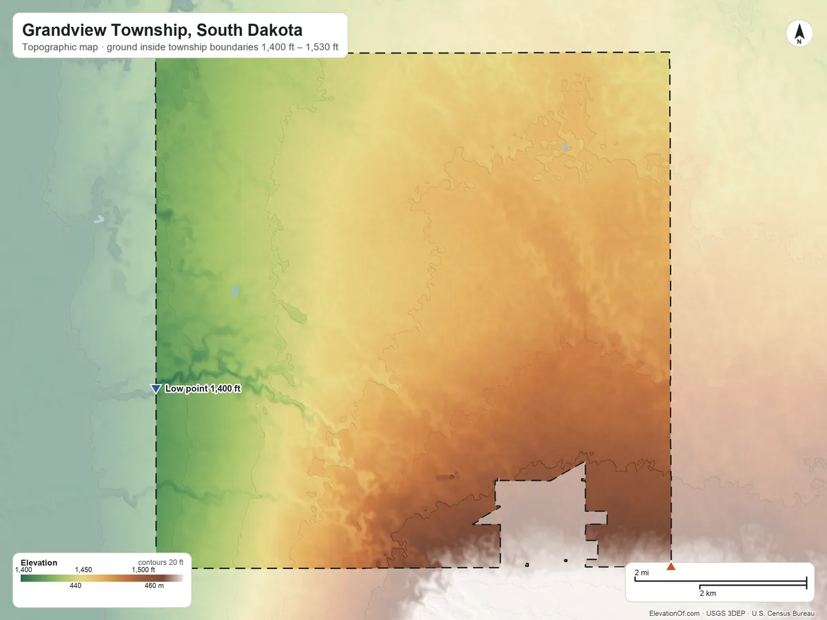 Topographic elevation map of Grandview Township, South Dakota, shaded from 1,400 ft on the west side to 1,530 ft on the southeast side