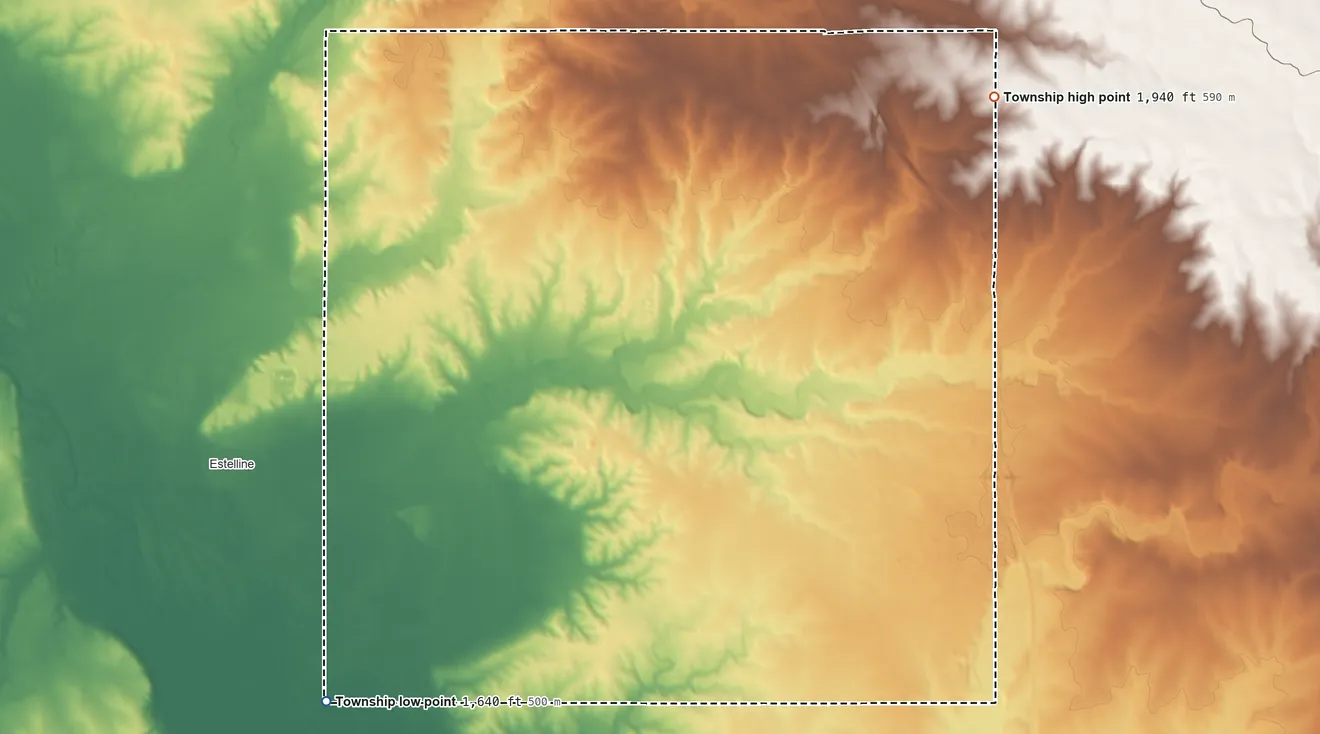 Topographic elevation map of Grange Township, South Dakota, shaded from 1,640 ft on the southwest side to 1,940 ft on the northeast side