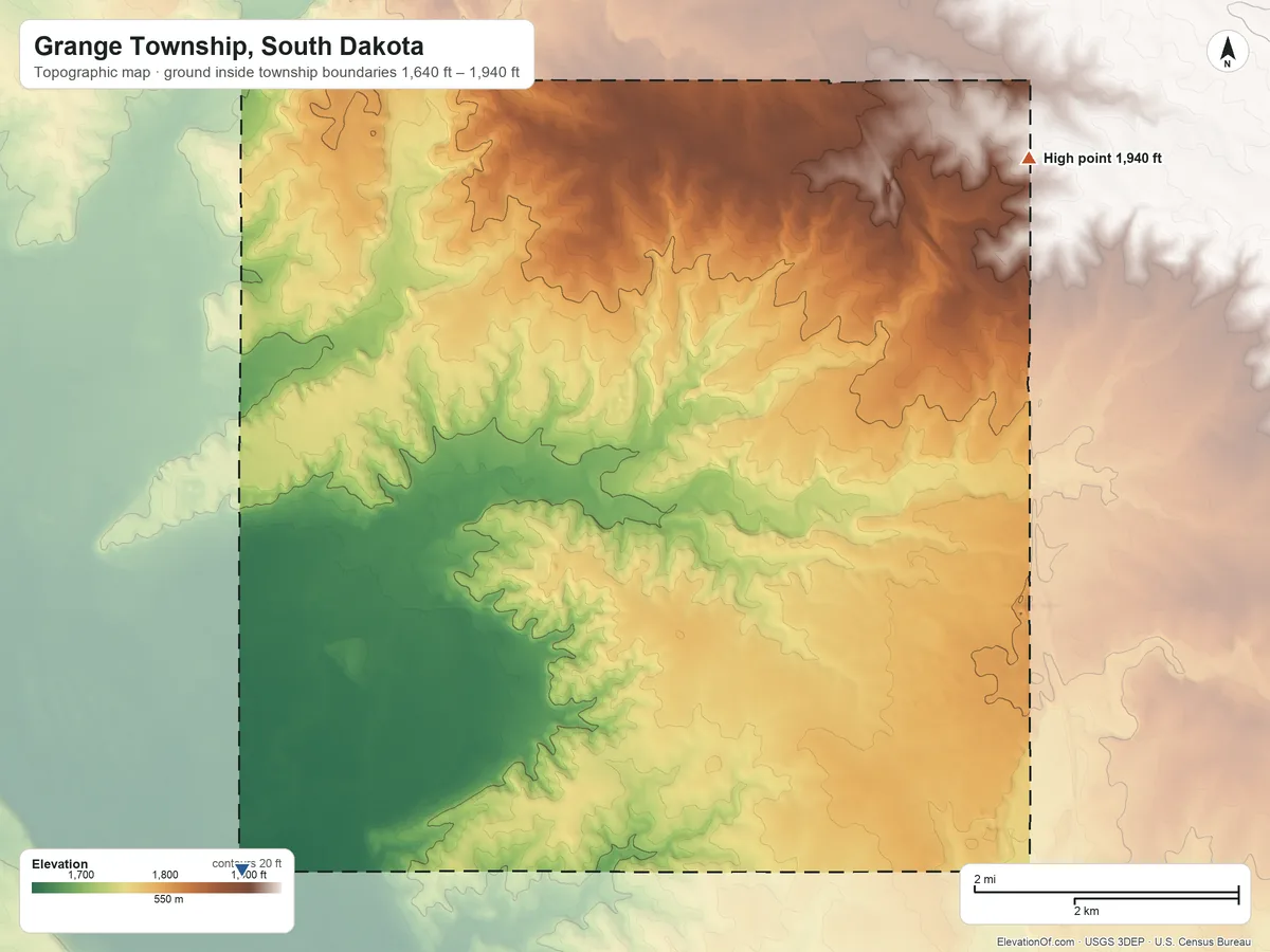 Topographic elevation map of Grange Township, South Dakota, shaded from 1,640 ft on the southwest side to 1,940 ft on the northeast side