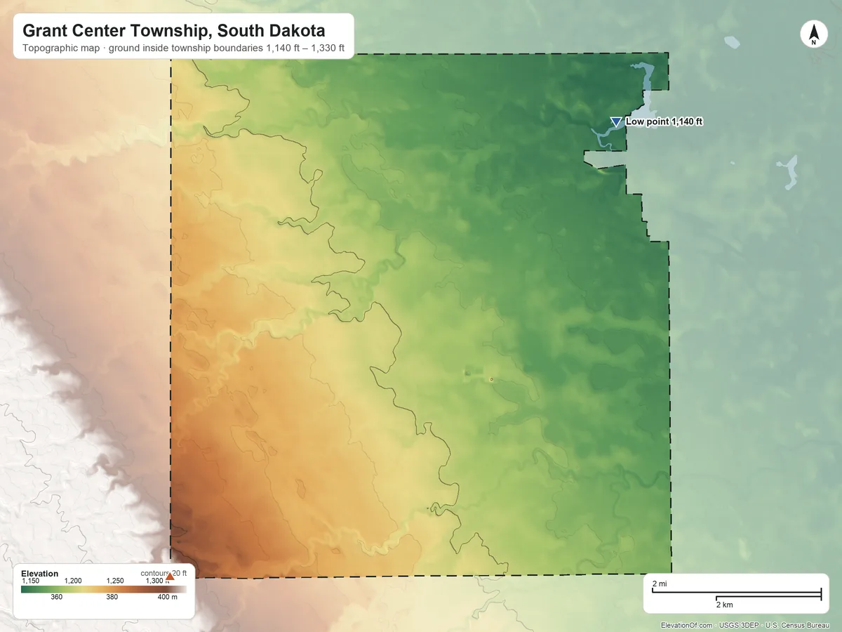 Topographic elevation map of Grant Center Township, South Dakota, shaded from 1,140 ft on the northeast side to 1,330 ft on the southwest side