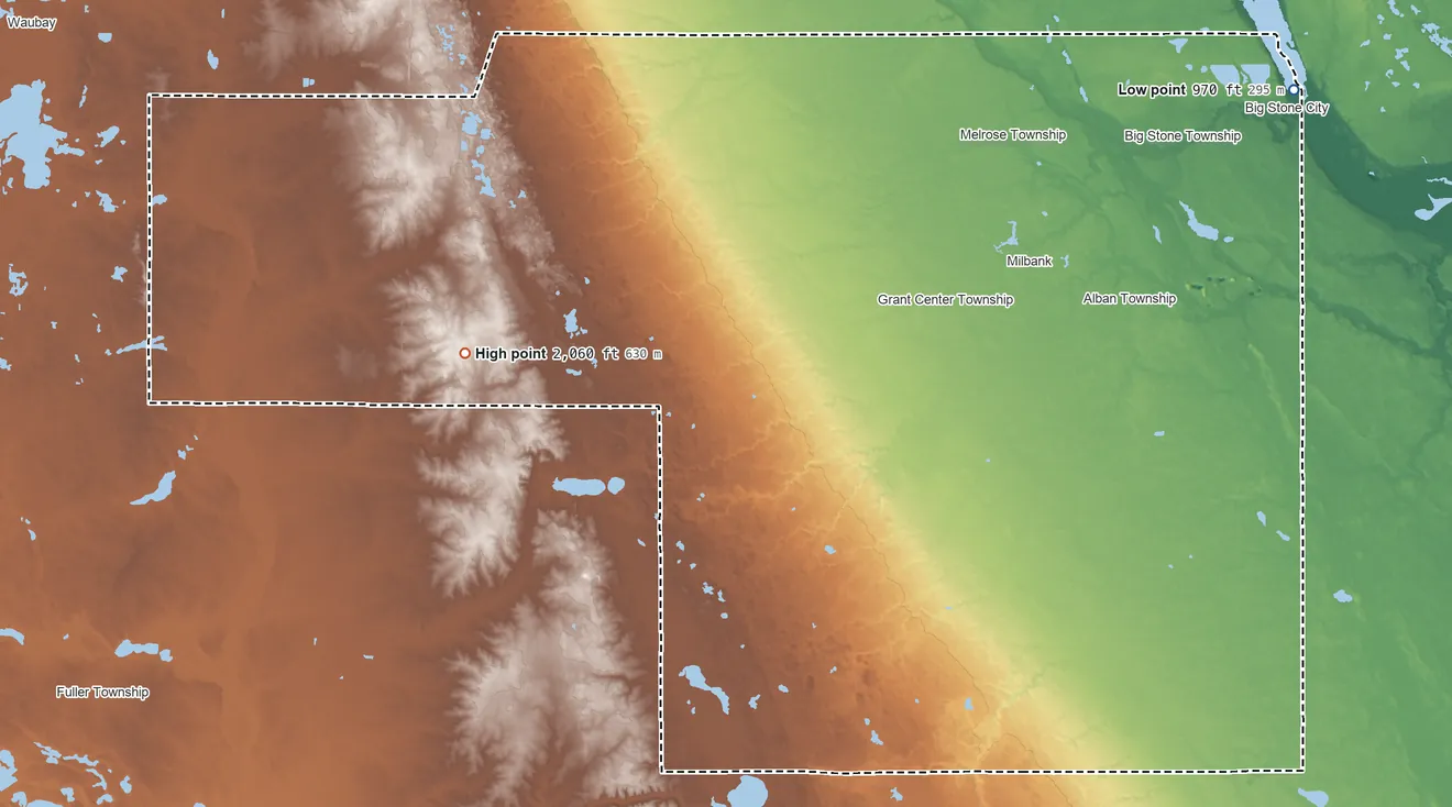 Topographic elevation map of Grant County, South Dakota, shaded from 970 ft on the northeast side to 2,060 ft on the west side