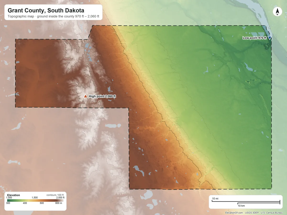 Topographic elevation map of Grant County, South Dakota, shaded from 970 ft on the northeast side to 2,060 ft on the west side