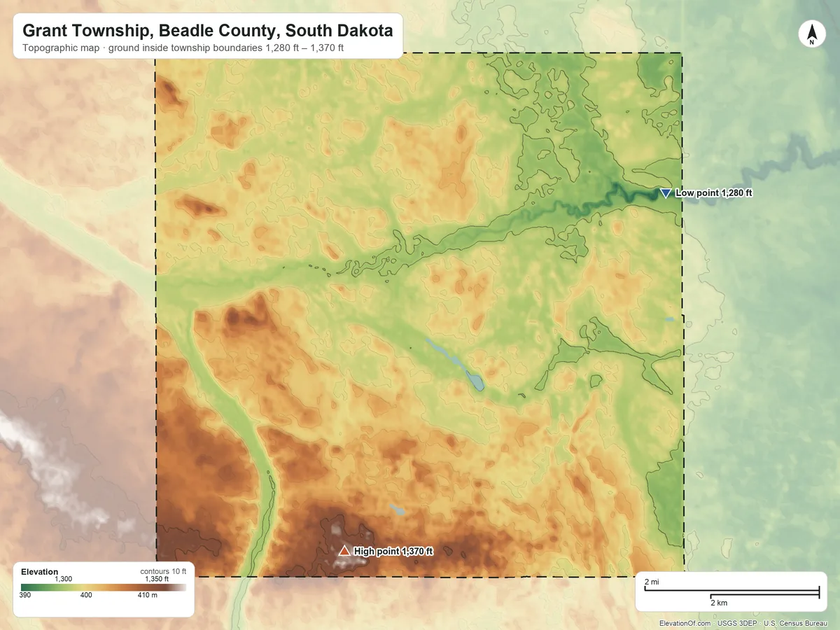 Topographic elevation map of Grant Township, Beadle County, South Dakota, shaded from 1,280 ft on the northeast side to 1,370 ft on the southwest side