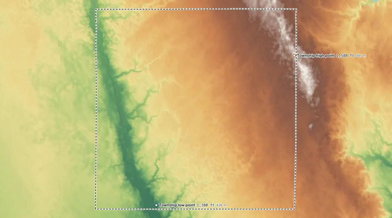 Topographic elevation map of Grant Township, McCook County, South Dakota, shaded from 1,380 ft on the south side to 1,580 ft on the east side