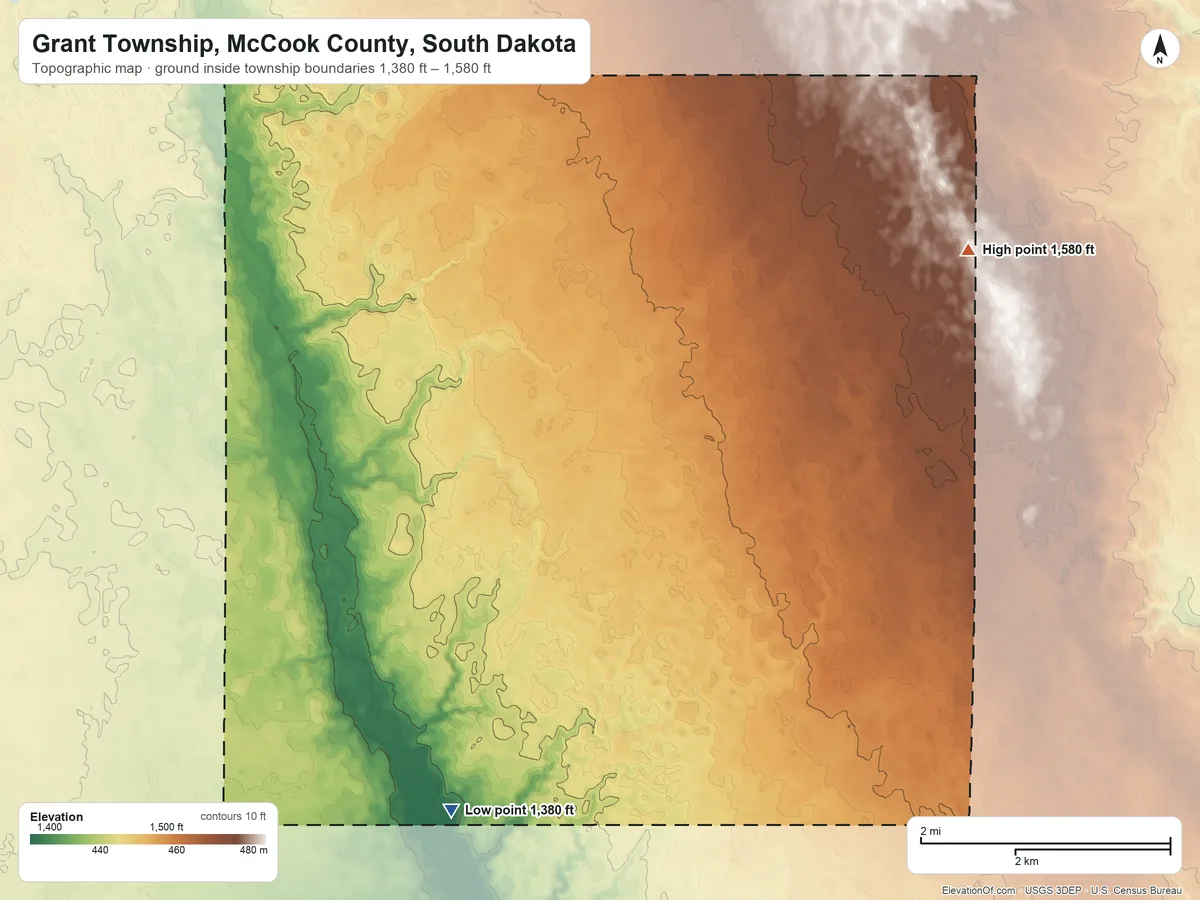 Topographic elevation map of Grant Township, McCook County, South Dakota, shaded from 1,380 ft on the south side to 1,580 ft on the east side